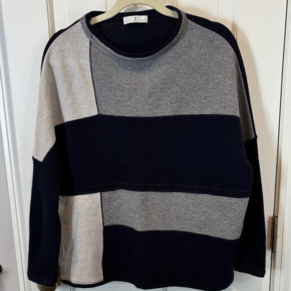 Colorblock Merino Sweater - navy and gray, L